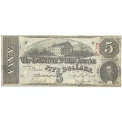 1863 $5 The Confederate States of America Note T-60 CC