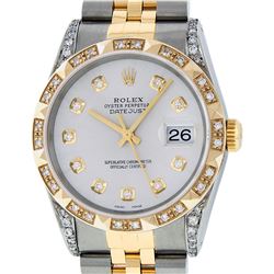 Rolex Mens Two Tone Diamond Lugs Silver Diamond Lugs Pyramid Bezel Datejust Wris