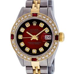 Rolex Ladies 2T Red Vignette Diamond And Ruby Datejust Wristwatch