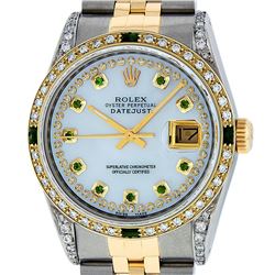 Rolex Mens Two Tone Diamond Lugs Mother Of Pearl Emerald and Diamond Datejust Wr