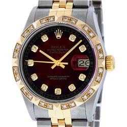 Rolex Mens Two Tone Diamond Lugs Red Vignette Diamond Lugs Pyramid Bezel Datejus