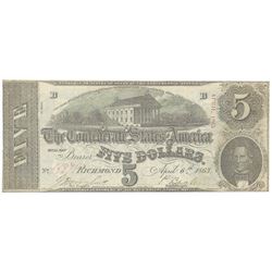 1863 $5 The Confederate States of America Note T-60 CC