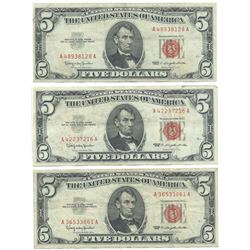 1963 $5 Fine Red Seal Bill Lot of 3