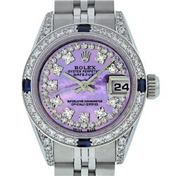 Rolex Ladies SS Diamond Lugs Purple MOP VS Diamond And Sapphire Datejust Wristwa