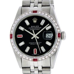 Rolex Mens SS Black Baguette Diamond And Ruby Datejust Wristwatch