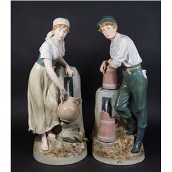 Pair Royal Dux Figures, Male & Female Farmers