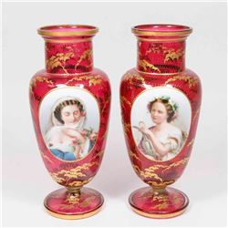 Pair Moser Cranberry Glass Portrait Vases
