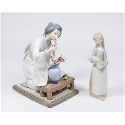 Lladro Farm Girl with Pig & Lady with Bonsai