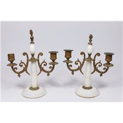 Pair Alabaster & Metal 2-Arm Candelabra