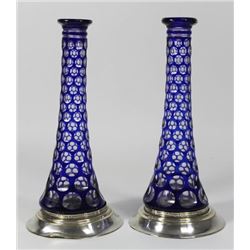 Pair Cobalt Cut to Clear Glass Candlesticks