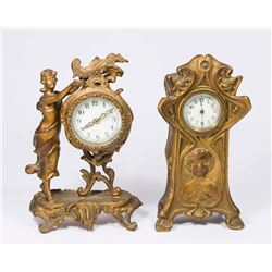 2 Gilt Metal Art Nouveau Figural Clocks