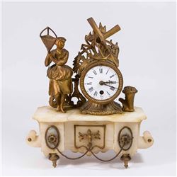 French Gilt Medal & Alabaster Figural Mantel Clock