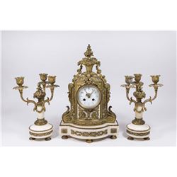 3-Piece Bronze & Marble Tiffany Clock Set
