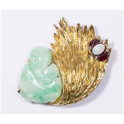 18K Gold, Figural Jadeite, Opal, & Garnet Brooch