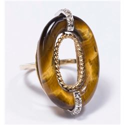 Unusual 14K Gold, Diamond, & Tiger Eye Ring