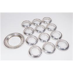 Lot 13 Sterling Silver & Glass Coasters