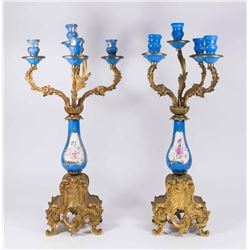 Pair Bronze & Sèvres Porcelain 5-Arm Candelabra