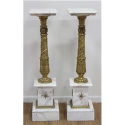 Pair White Marble & Bronze Pedestals