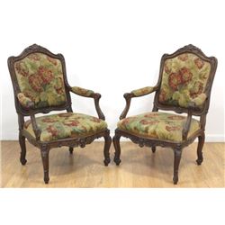 :Pair Louis XV Style Petit Point Open Arm Chairs