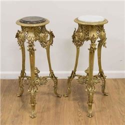 :Pair Bronze Side Pedestals with Marble Tops