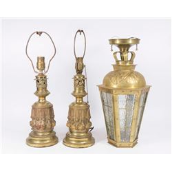 Pair Victorian Brass Oil Lamps & Lantern