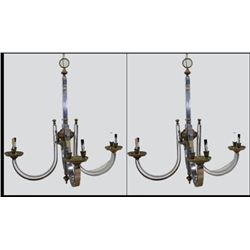:Pair Modern Brass & Polished Steel Chandeliers