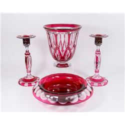3-Piece Red Cut to Clear Console Set & Vase