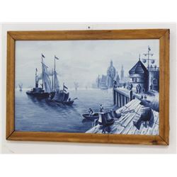 Delft Porcelain Plaque, Harbor Scene