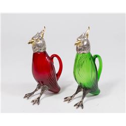 2 Silverplate Mounted Colored Glass Birds