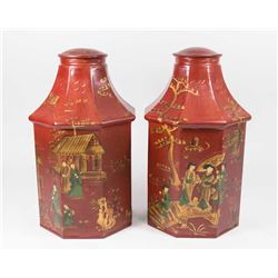 Pair Chinoiserie Style Red Decorated Tea Bins
