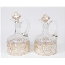 Pr Victorian Silver Mounted Etched Glass Pitchers
