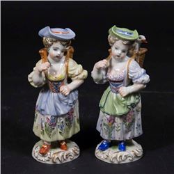 2 Meissen Figures, Girls Carrying Geese in Baskets