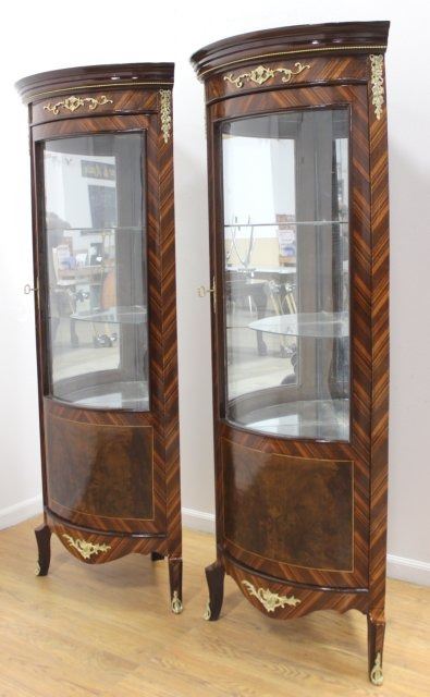 2 Curved Glass Bronze Mounted Corner Cabinets