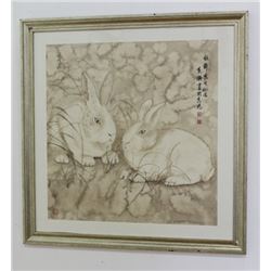 Framed Chinese Painting of Two Rabbits