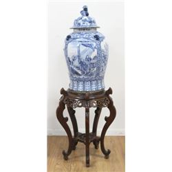 :Chinese Canton Porcelain Covered Urn & Pedestal