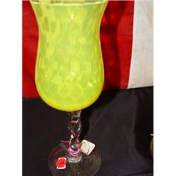 11" Vaseline Glass Goblet w/Clear Base