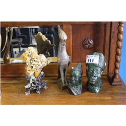 CARVED SOAPSTONE FIGURINE, 2 JADE AFRICAN FIGURINES AND AN EGYPTIAN CARVING