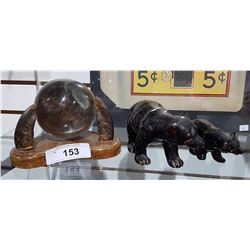 CRYSTAL BALL ON STAND & 2 BEAR FIGURINES