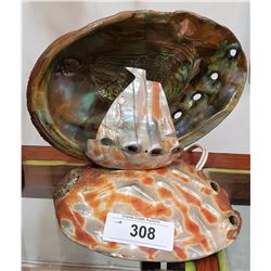 CARVED ABALONE SHELL TABLE LAMP SHIP MOTIF