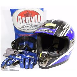 HJC HELMET SIZE XL WITH FOX GLOVES AND GOGGLES