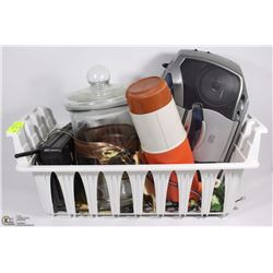 #49- RADIO CD, COOKIE JAR, THERMOS , TRIVETS ETC