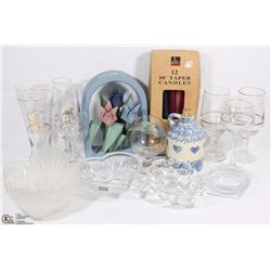 #43-ASSORTED GLASSWARE AND WOOD FOLK ART DECOR