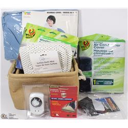 233) BOX OF VARIOUS HOME ITEMS. ALL NEW.