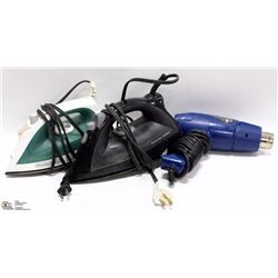 BOX W/ 2 IRONS AND HOME RIGHT HEAT GUN