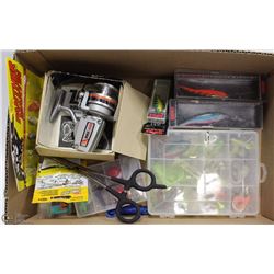 BOX OF NEW FISHING TACKLE & GEAR INCL.