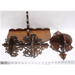 3 DECORATIVE CARVED WALNUT WALL PLANT SHELVES