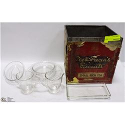 BISCUIT TIN FILLED W/ GLASSWARE