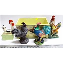 LARGE METAL ROOSTER PLANTER WITH FIGURINES