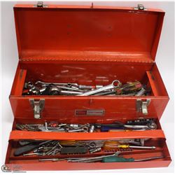 RED TOOL BOX WITH TRAY AND HAND TOOLS