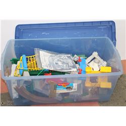 LARGE BLUE LIDDED BIN W/FISHER PRICE GEO